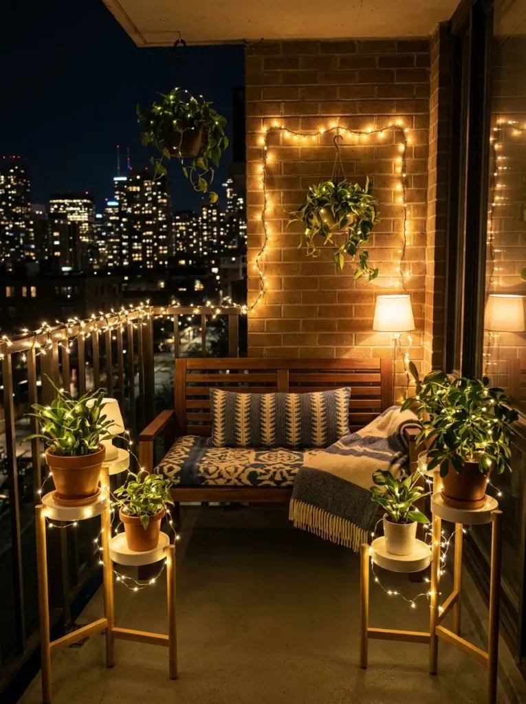 Add lights around a balcony bench