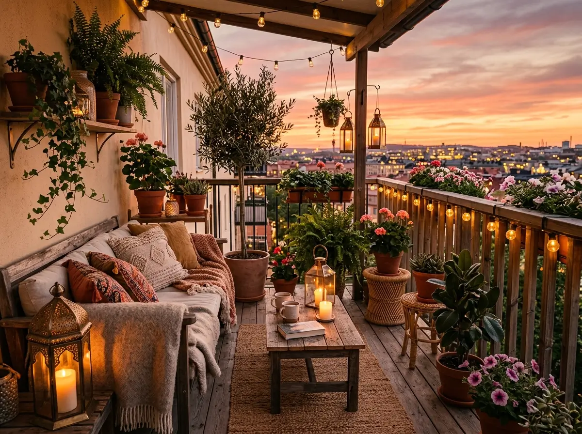 Cozy Balcony Sunset Setup Ideas with Plants and Lanterns