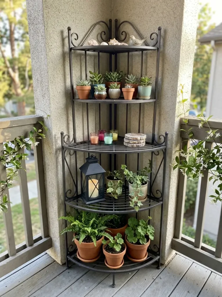 Create a plant and lantern corner shelf