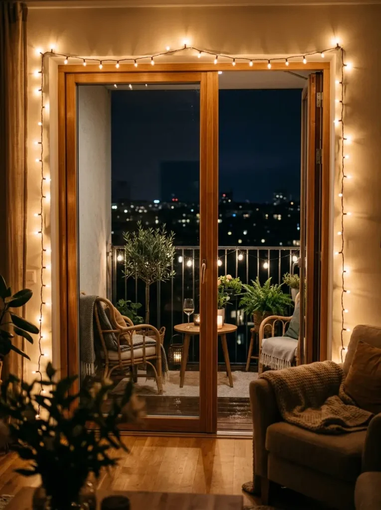 Frame the balcony door with string lights