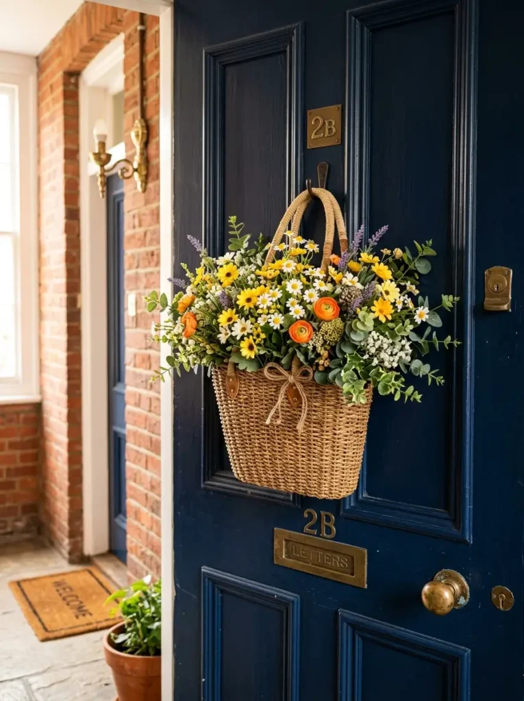 Hang a small door basket with faux greenery