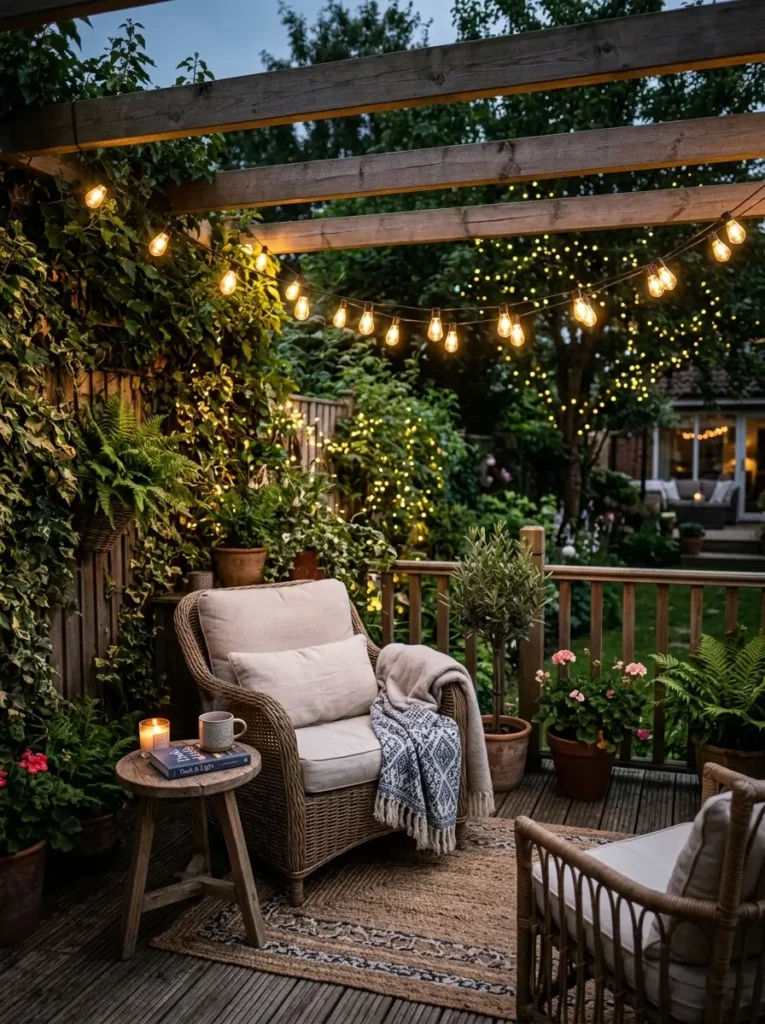 Hang lights above a small seating corner