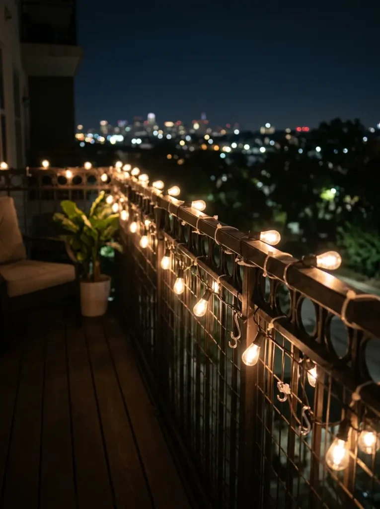 Hang string lights safely along the railing