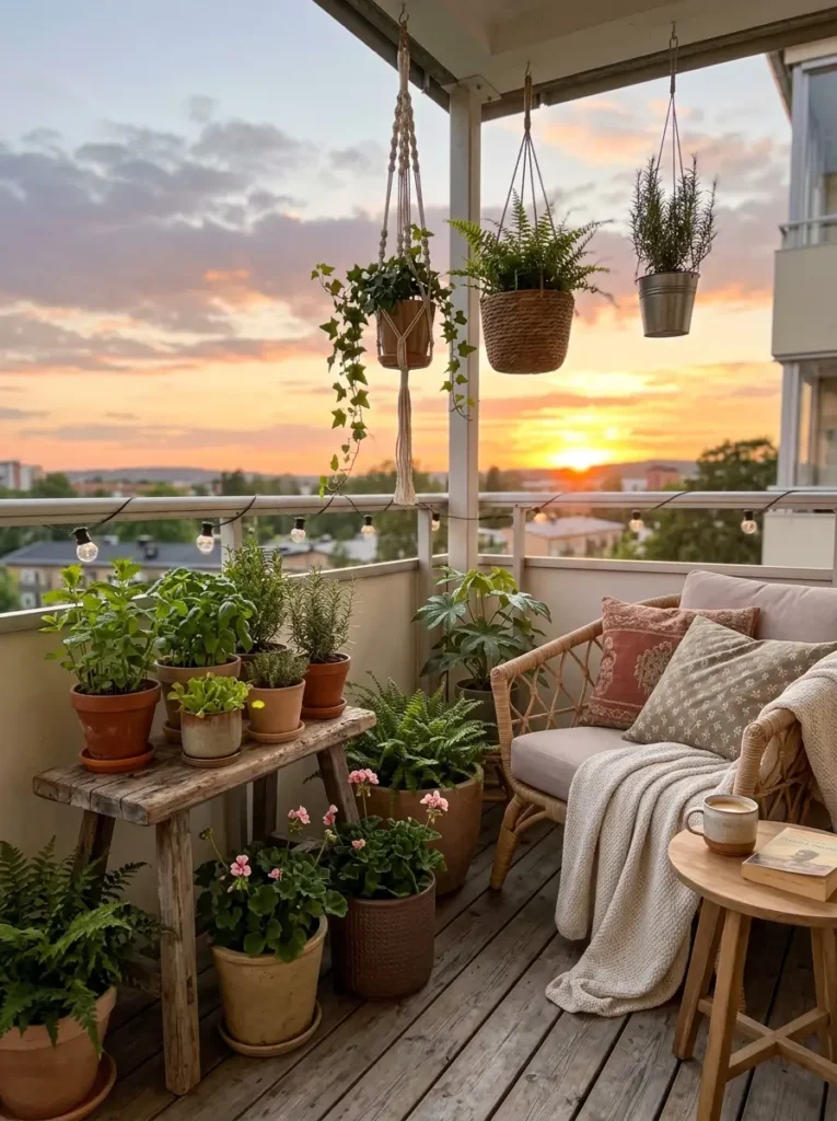 Layer small potted plants around the seating area