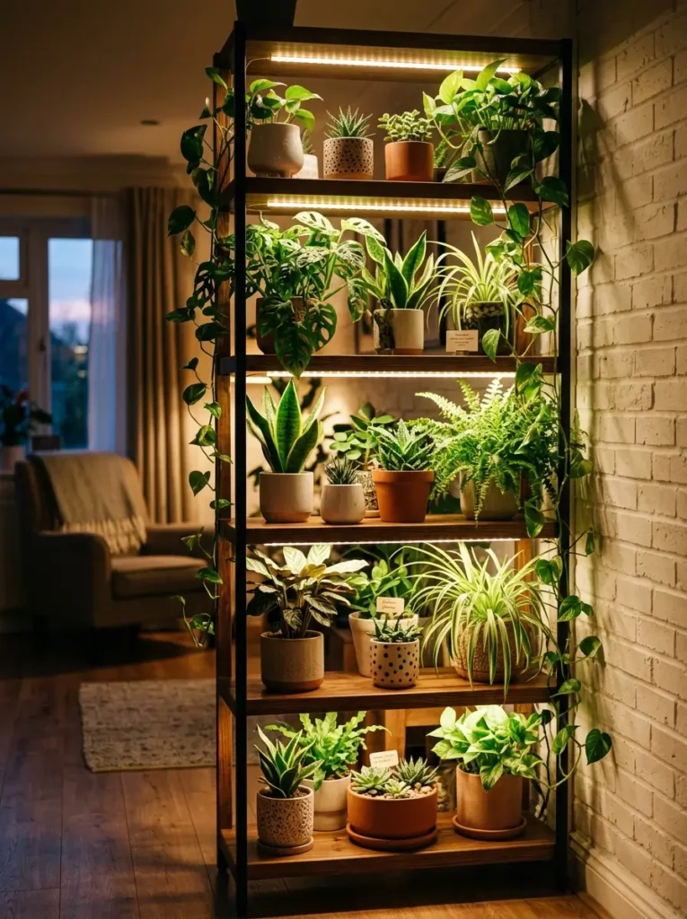 Light up a vertical plant shelf