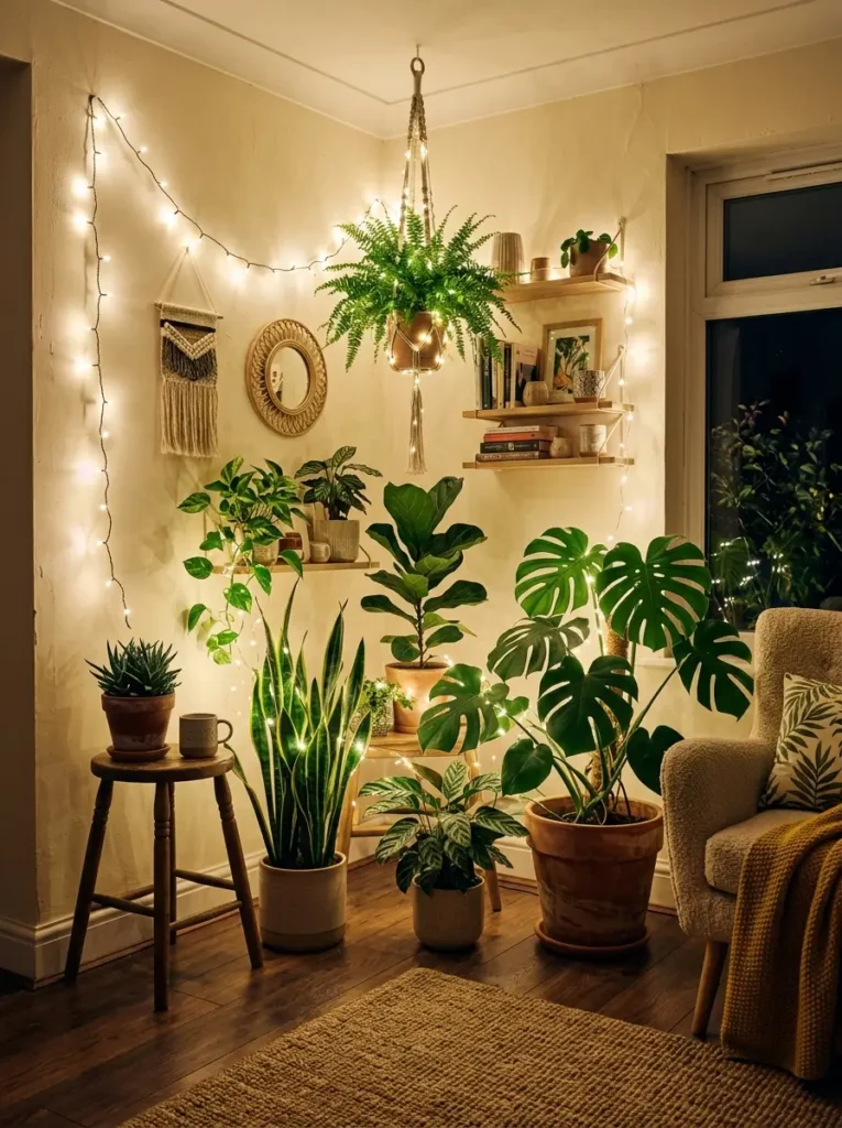 Make a corner glow with floor plants and lights