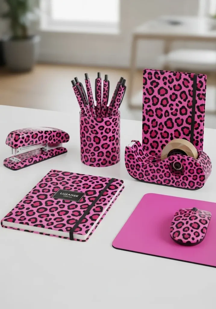 Pink Cheetah Print Desk Accessories