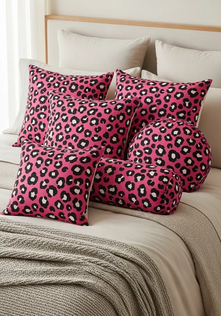 Pink Cheetah Throw Pillows on Neutral Bedding