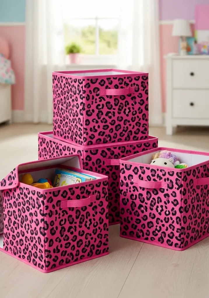 Storage Bins with Pink Cheetah Print