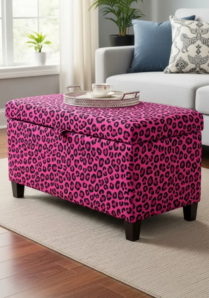 Storage Ottoman with Pink Cheetah Upholstery