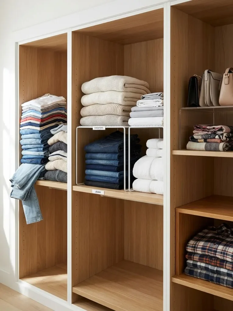 Use Closet Shelf Risers for Folded Clothes