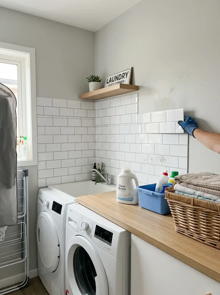 Use Peel-and-Stick Tiles Behind the Laundry Area