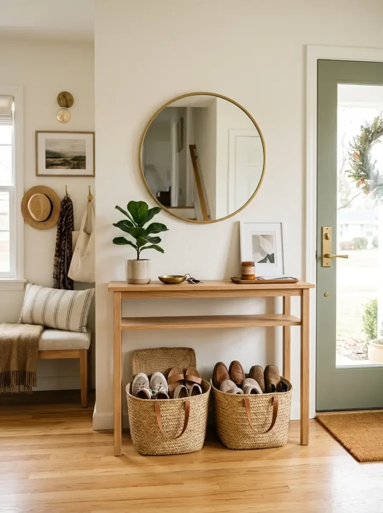 Use a narrow console with shoe baskets below