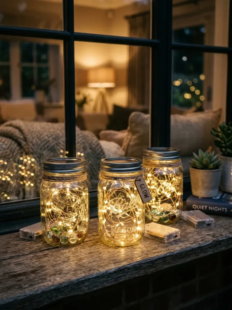 Use battery string lights in glass jars