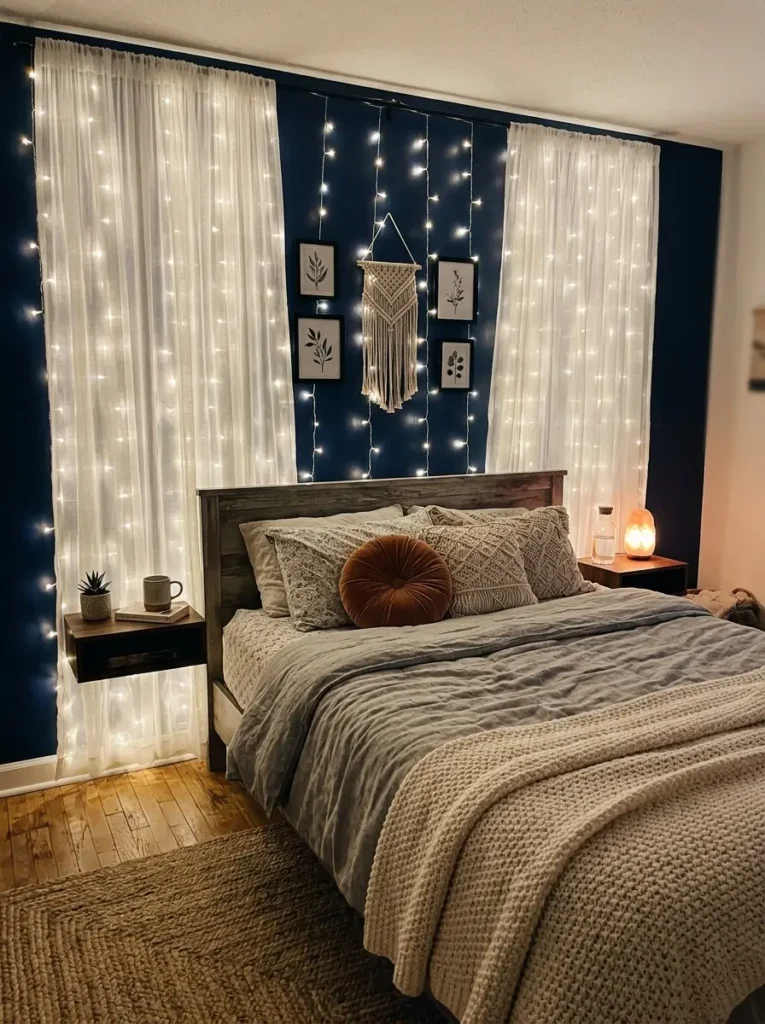 Use curtain string lights on one wall