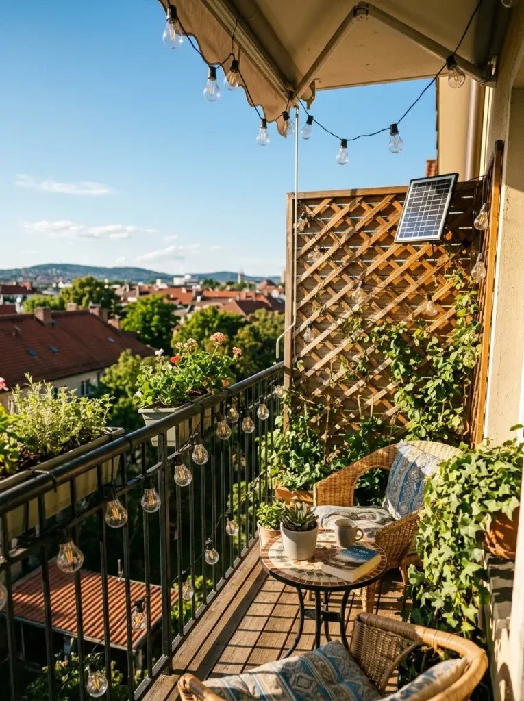Use solar string lights for sunny balconies