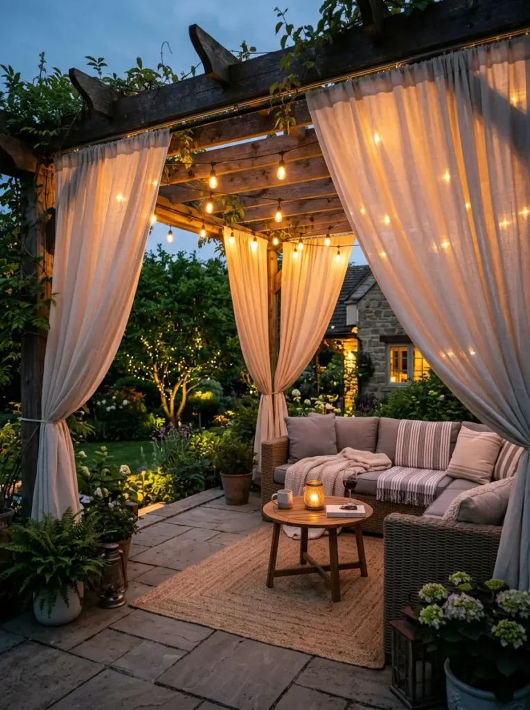 Use string lights behind outdoor curtains