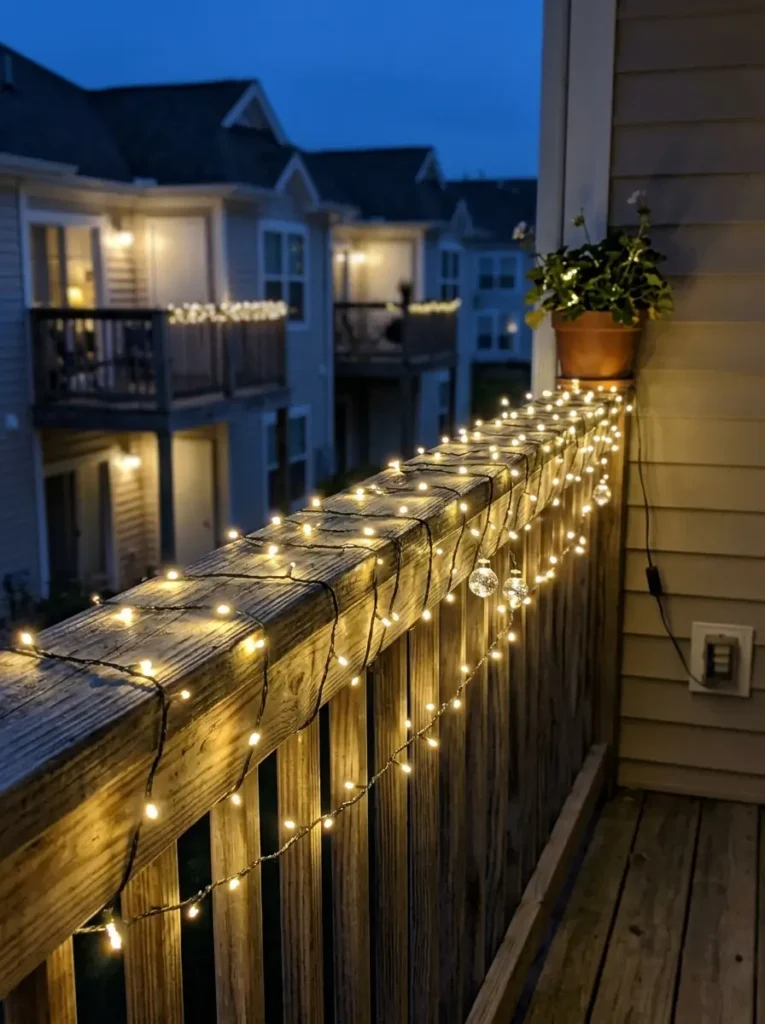 Wrap string lights around the balcony railing
