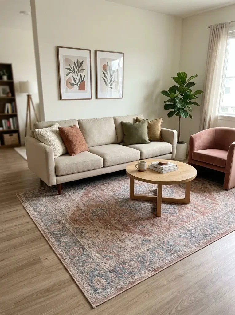 Add a Large Rug to Anchor the Beige Couch