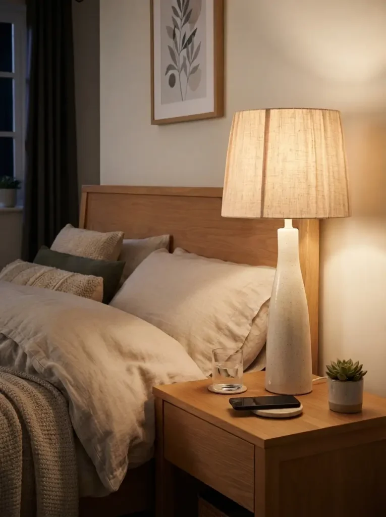 Add a Small Bedside Lamp With a Fabric Shade
