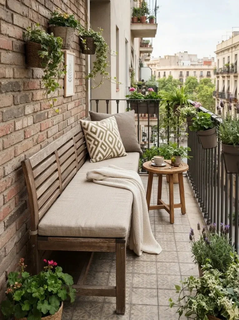 Add a narrow bench along the railing wall