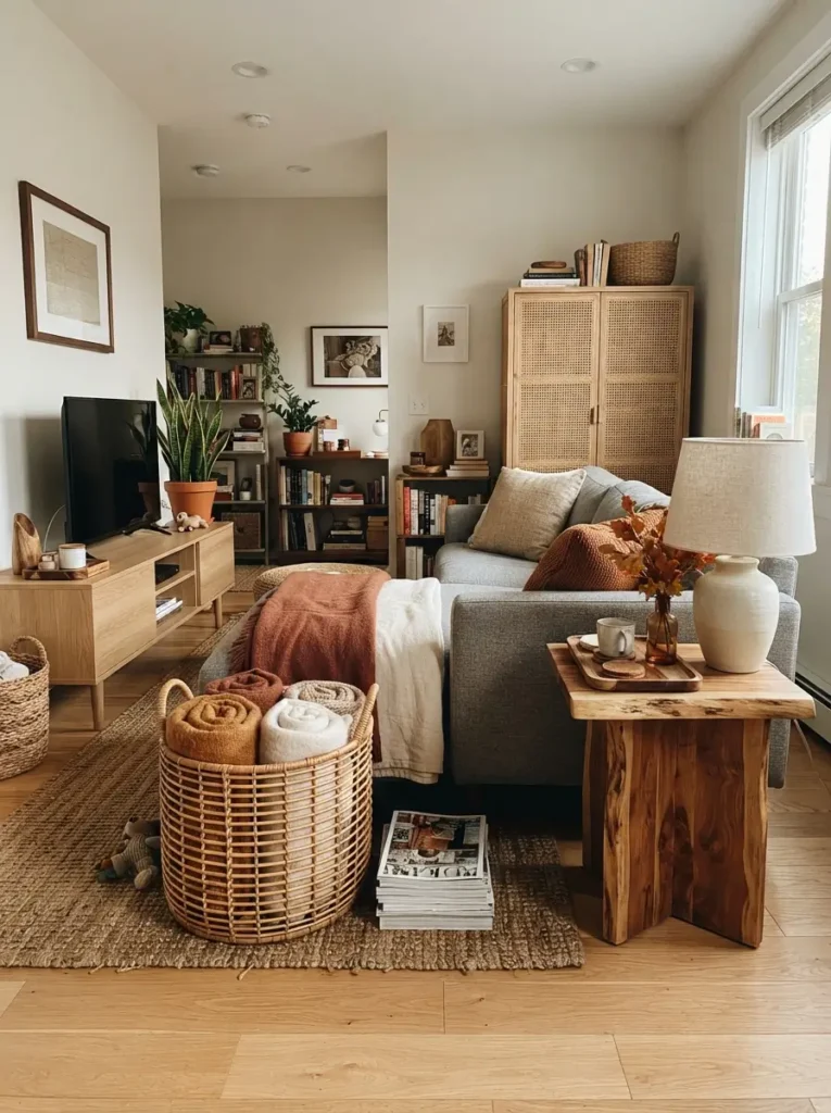 Add natural textures through baskets and wood accents