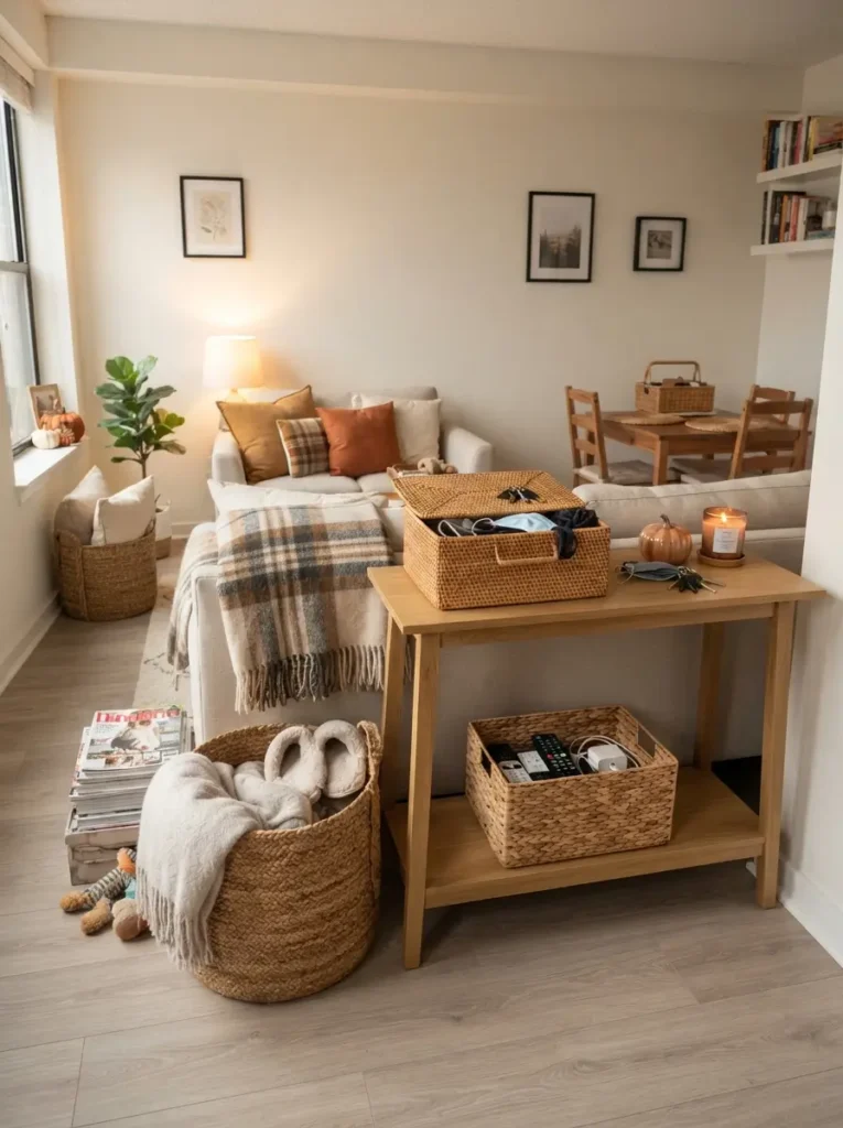 Add rustic baskets for decor and storage
