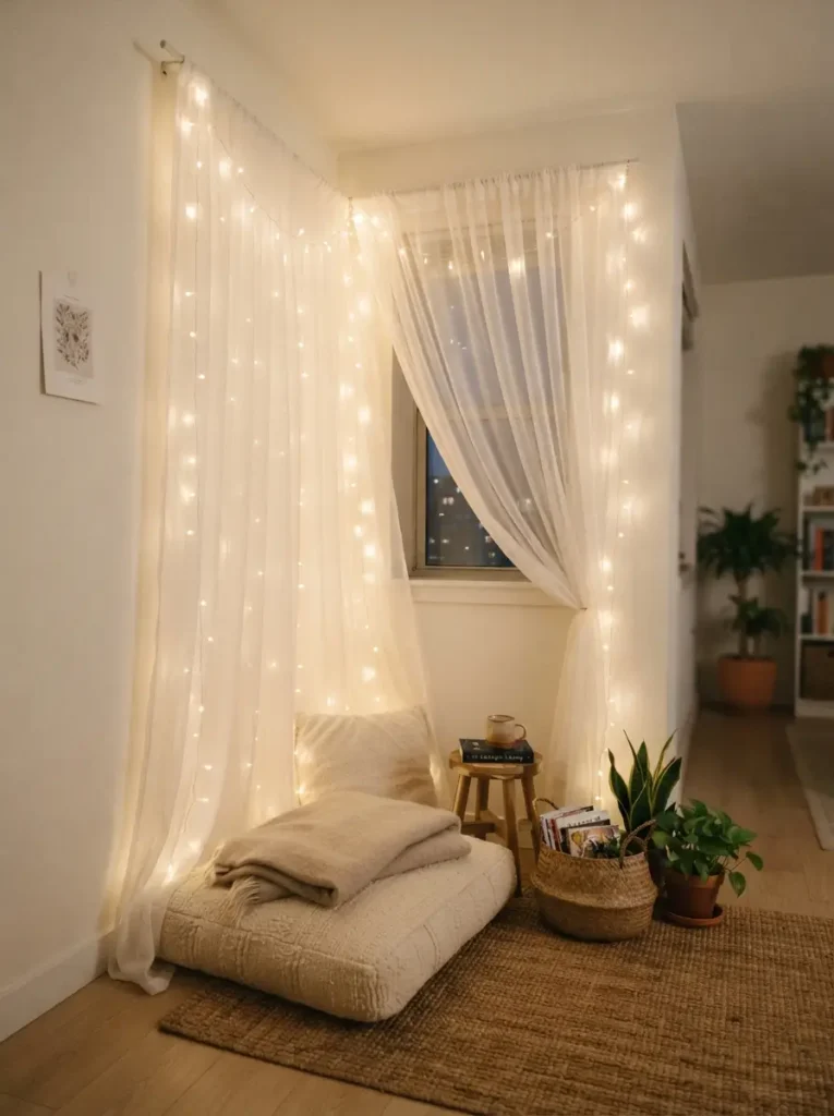 Build a Cozy Corner with String Lights and Sheer Curtains