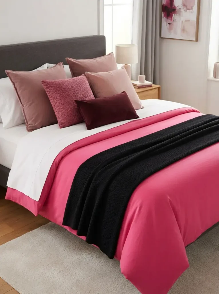 Build the bed with layered pink tones