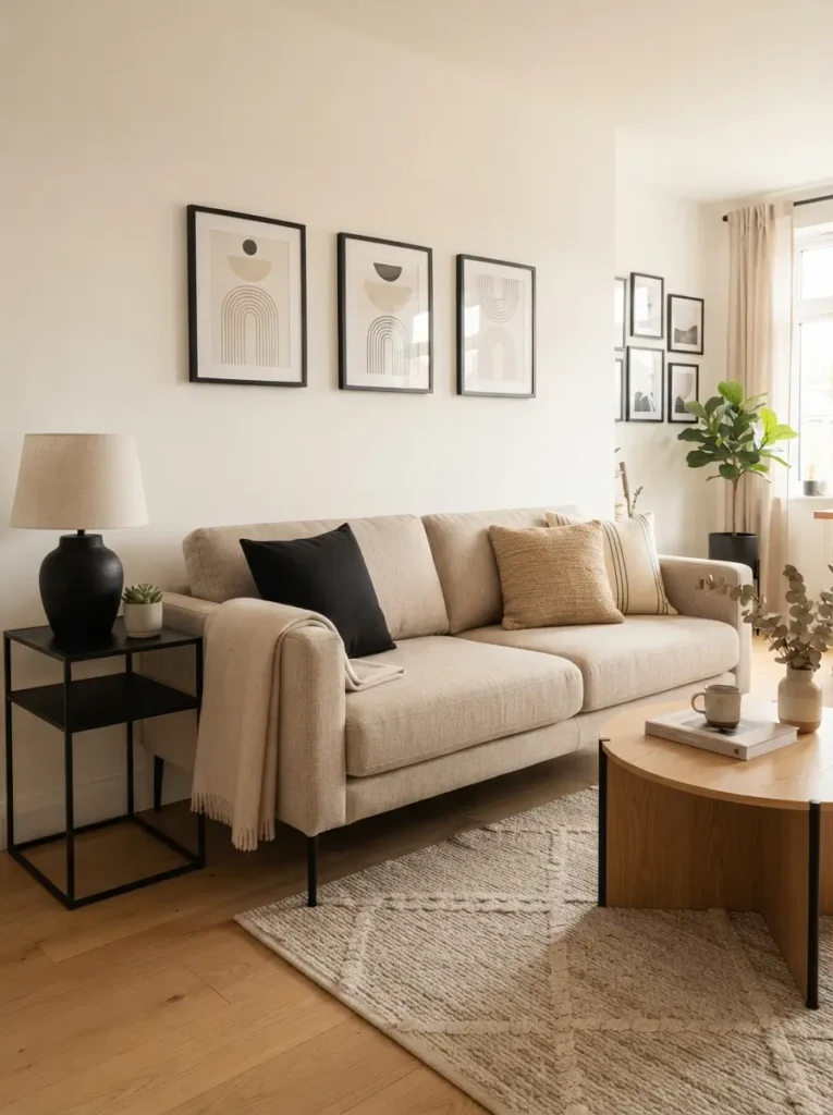 Choose a beige sofa with black side details