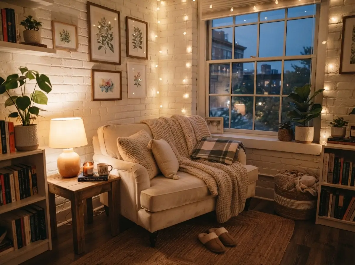 Cozy Apartment Corner Decor Ideas with Soft Lighting