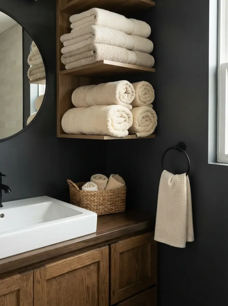 Create Contrast With Cream Towels and Dark Walls