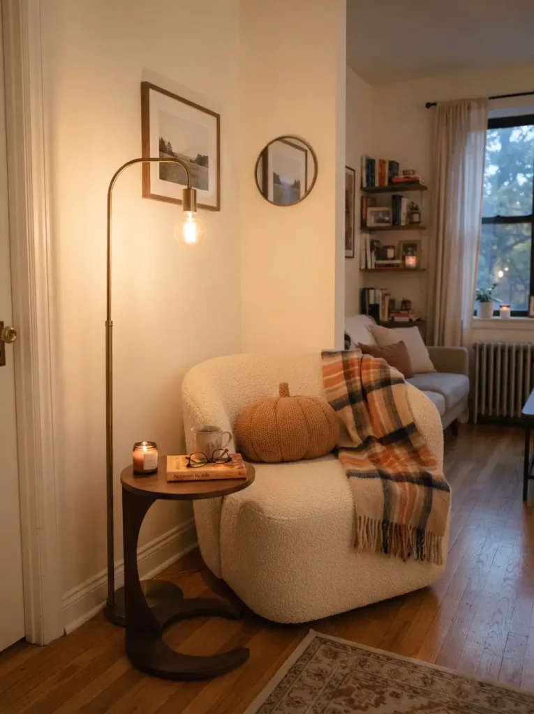 Create a cozy corner with a chair and lamp