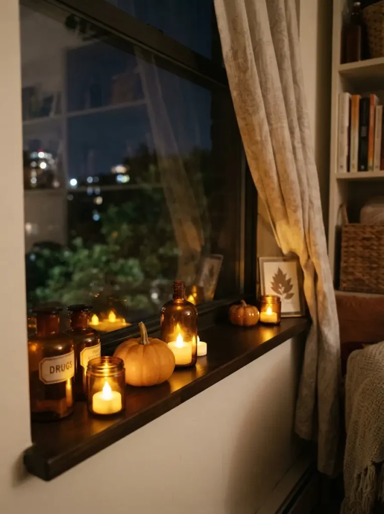Decorate Windowsills with Amber Glass and Flicker Lights