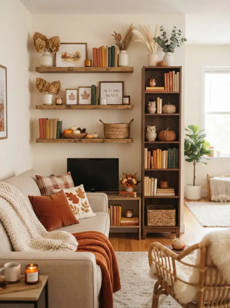 Decorate shelves with seasonal balance