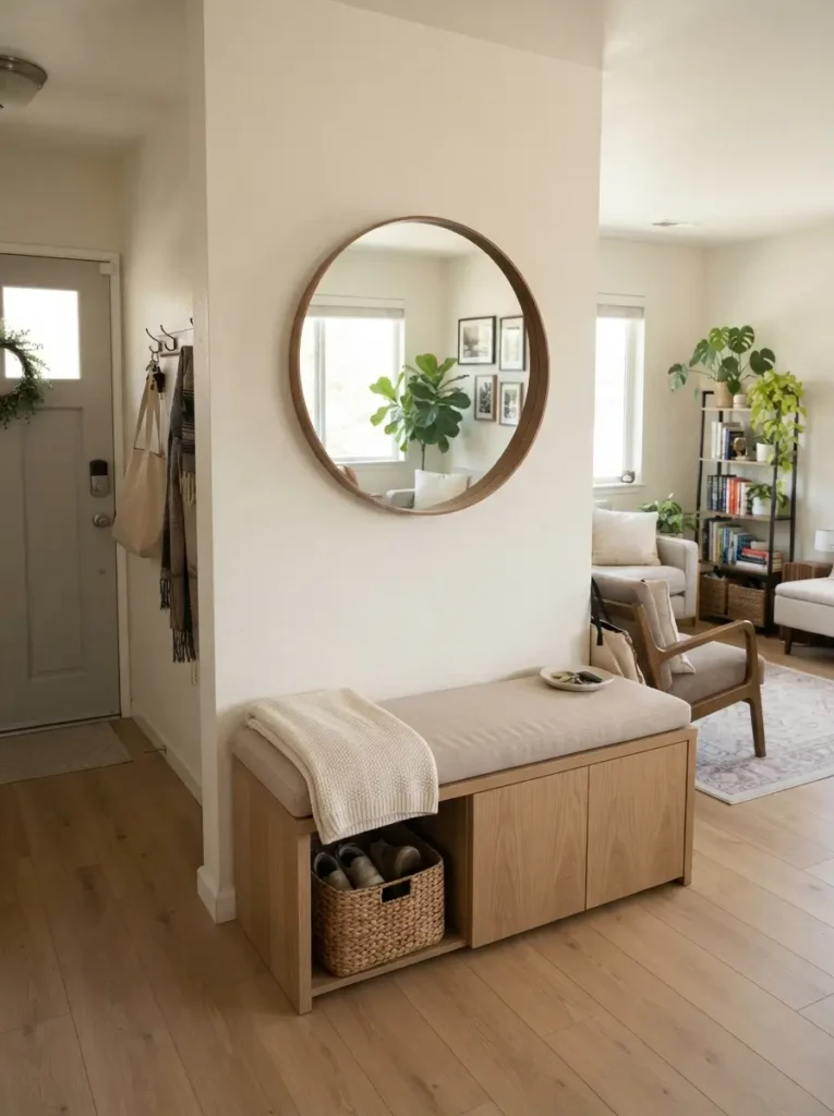 Hang a Mirror Above a Corner Bench