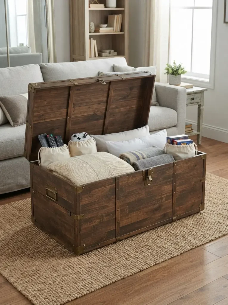 Hide Bedding Inside a Trunk Coffee Table