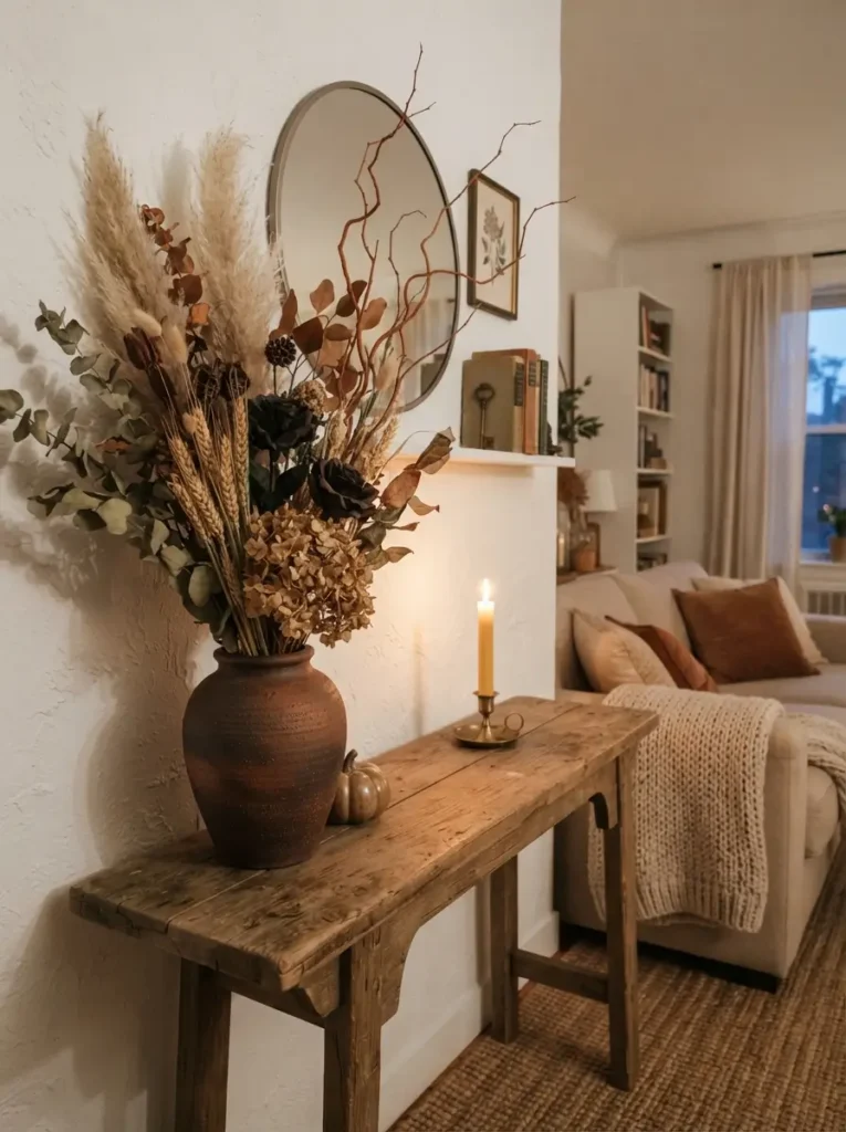 Layer Dark Florals with Dried Branches and Soft Light