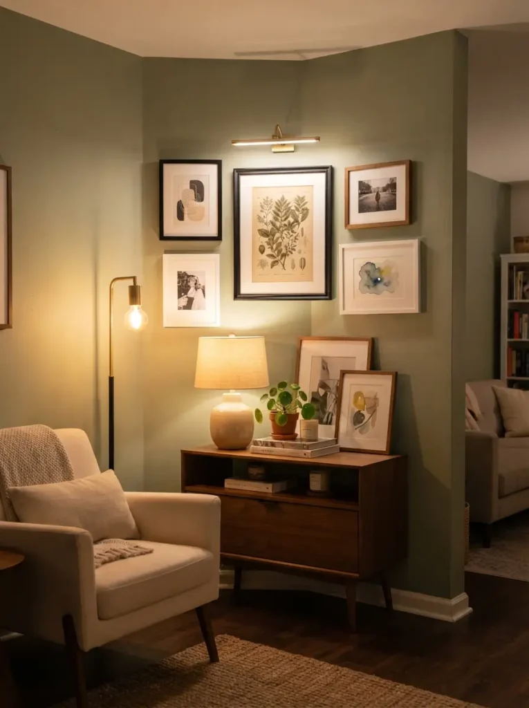 Make a Corner Gallery Wall with Picture Lights