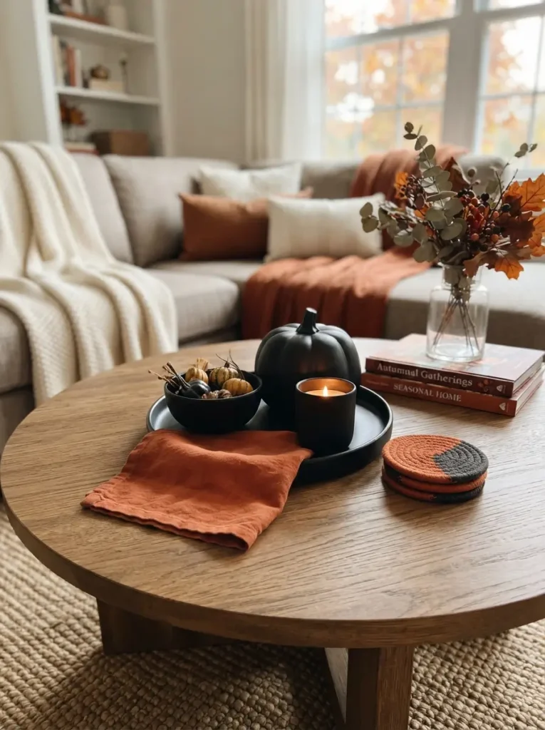 Mix Black Ceramic Pieces with Burnt Orange Textiles