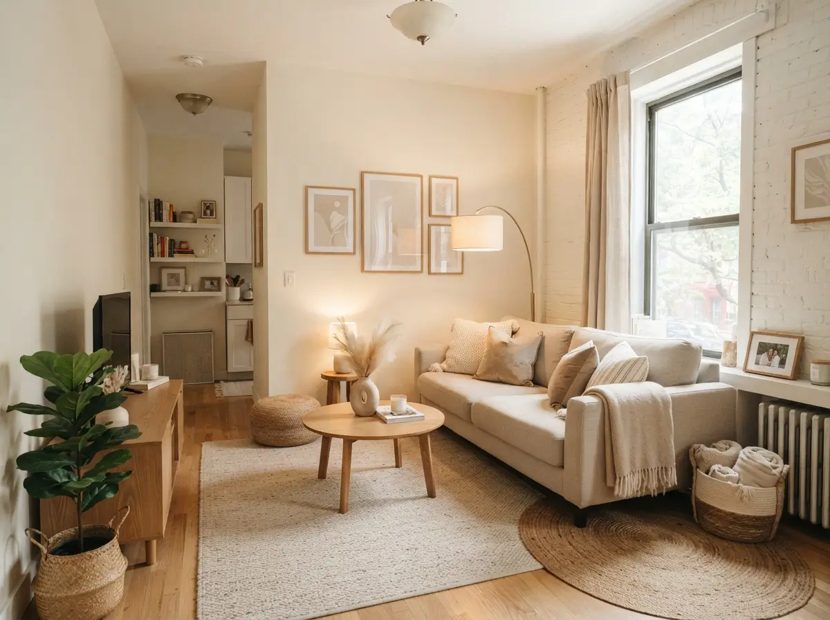 Neutral Small Apartment Living Room With Beige Decor