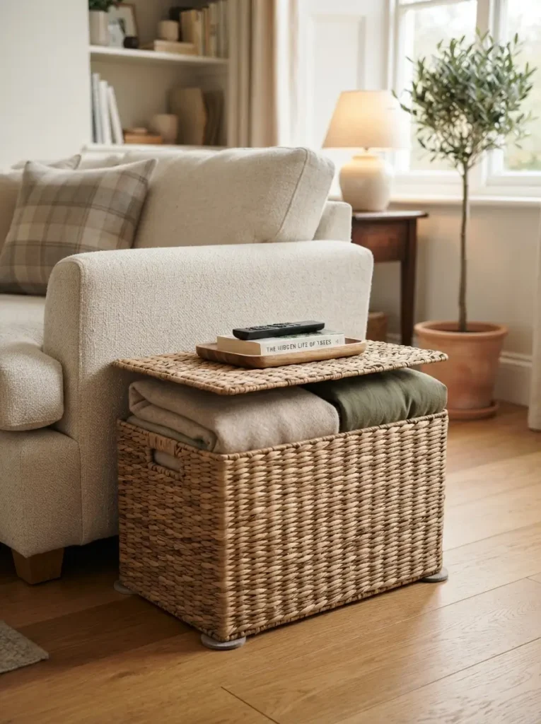 Place a Lidded Basket Beside the Sofa