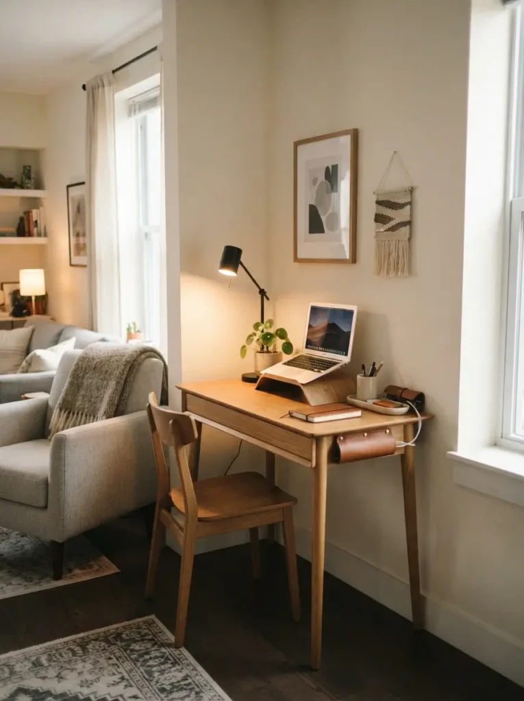 Place a Slim Desk in a Softly Lit Work Corner