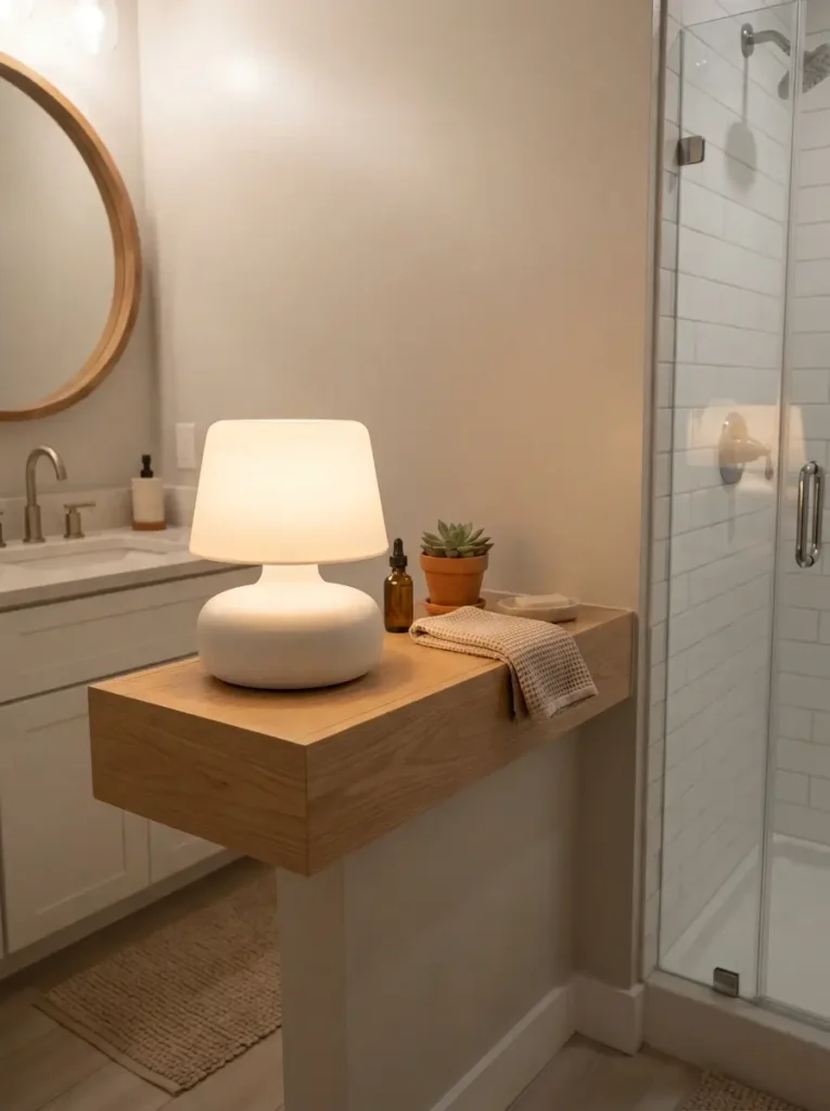 Place a Small Lamp on a Dry Bathroom Shelf
