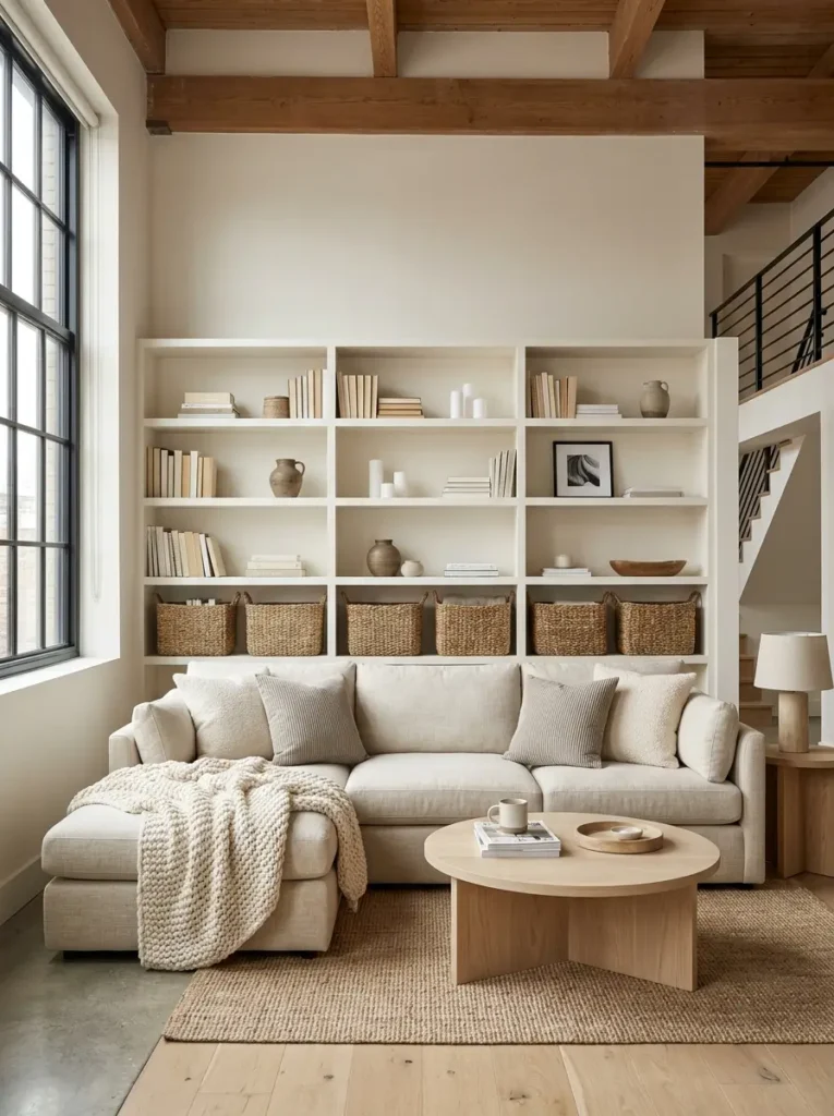 Soft Neutral Living Spaces with Built In Shelving
