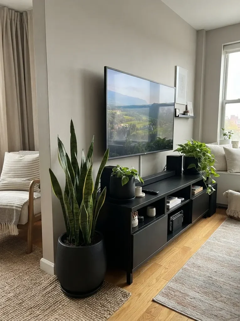 Soften the TV Wall With Greenery