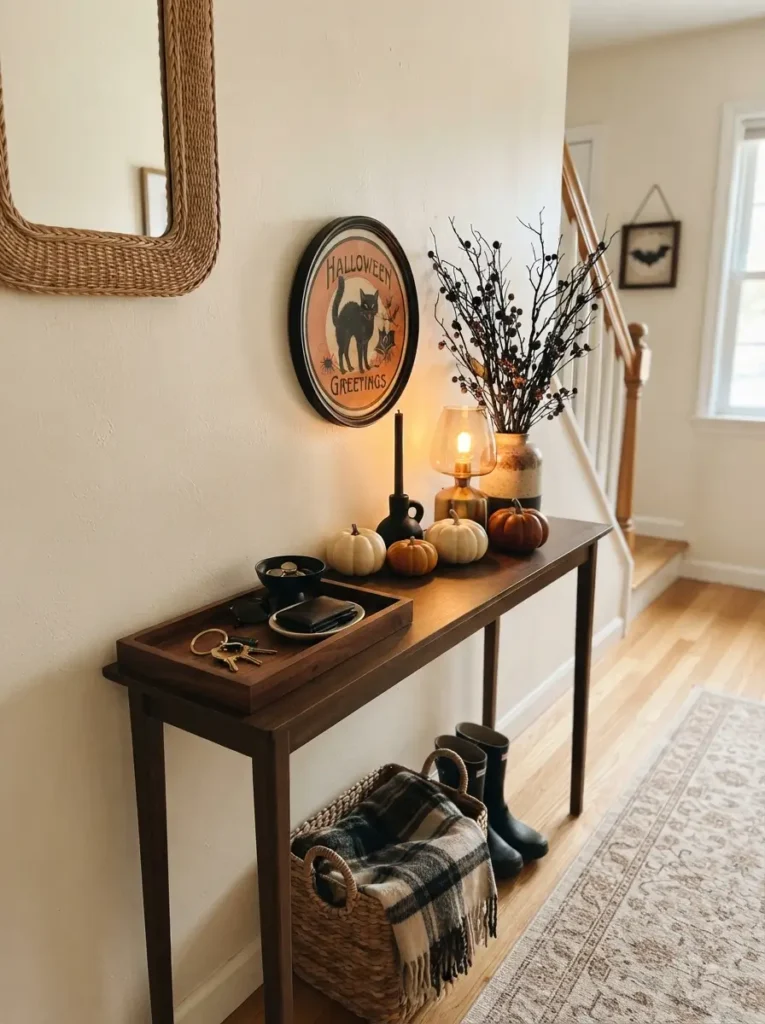 Style a Narrow Console Table with Layered Halloween Pieces

