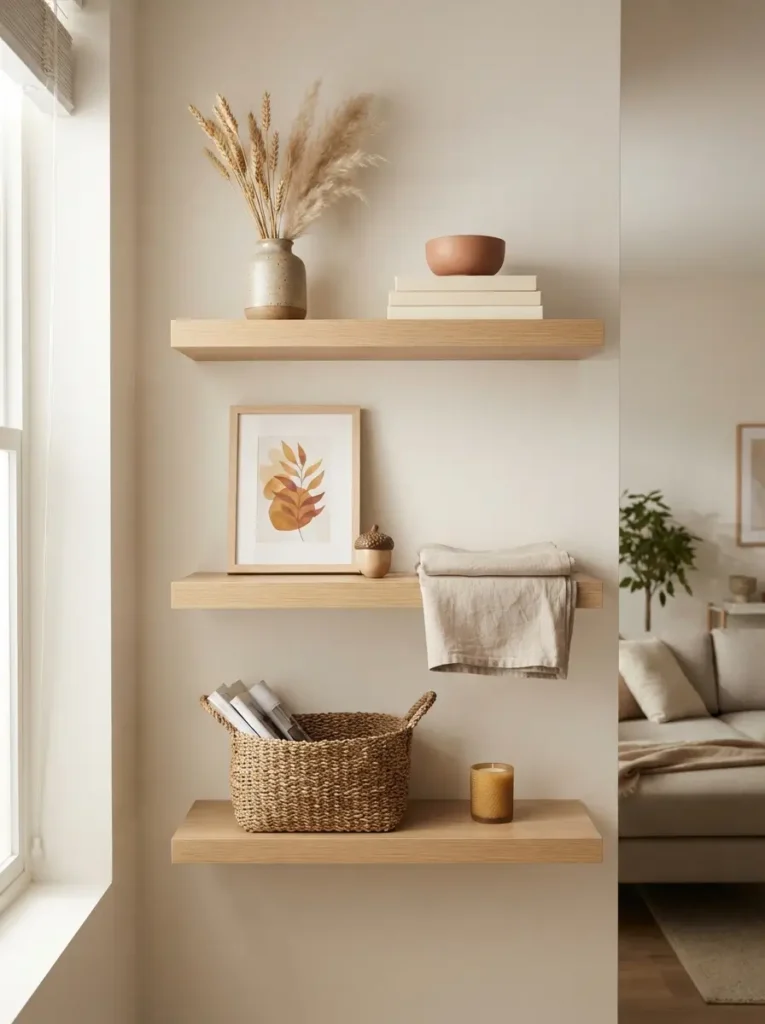 Style open shelves with fewer seasonal pieces