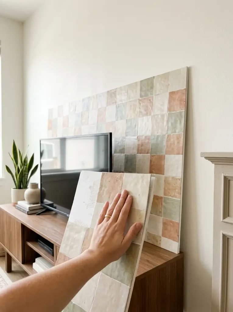 Try peel-and-stick tiles around a fireplace or media area