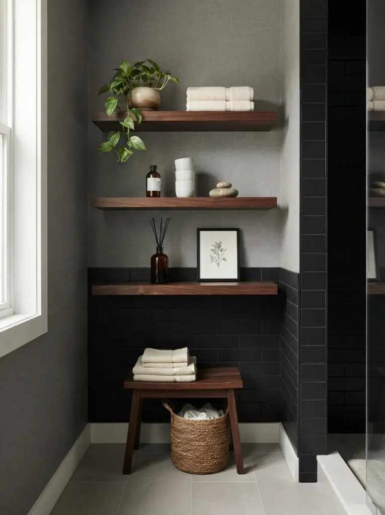 Use Dark Wood Shelves for Warmth and Storage